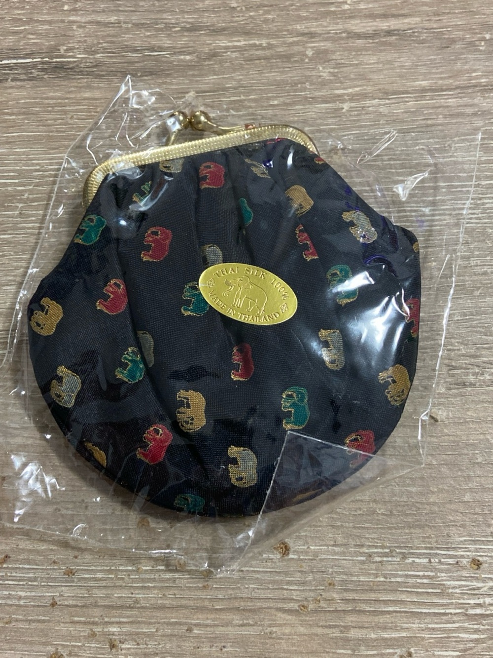 Vintage 100% Thai Silk Elephant Print Coin Purse with Gold Tone Frame Sealed